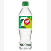 The 7UP 500ml plastic bottle, featuring a green cap and brand logo, delivers a refreshing lemon-lime flavor.